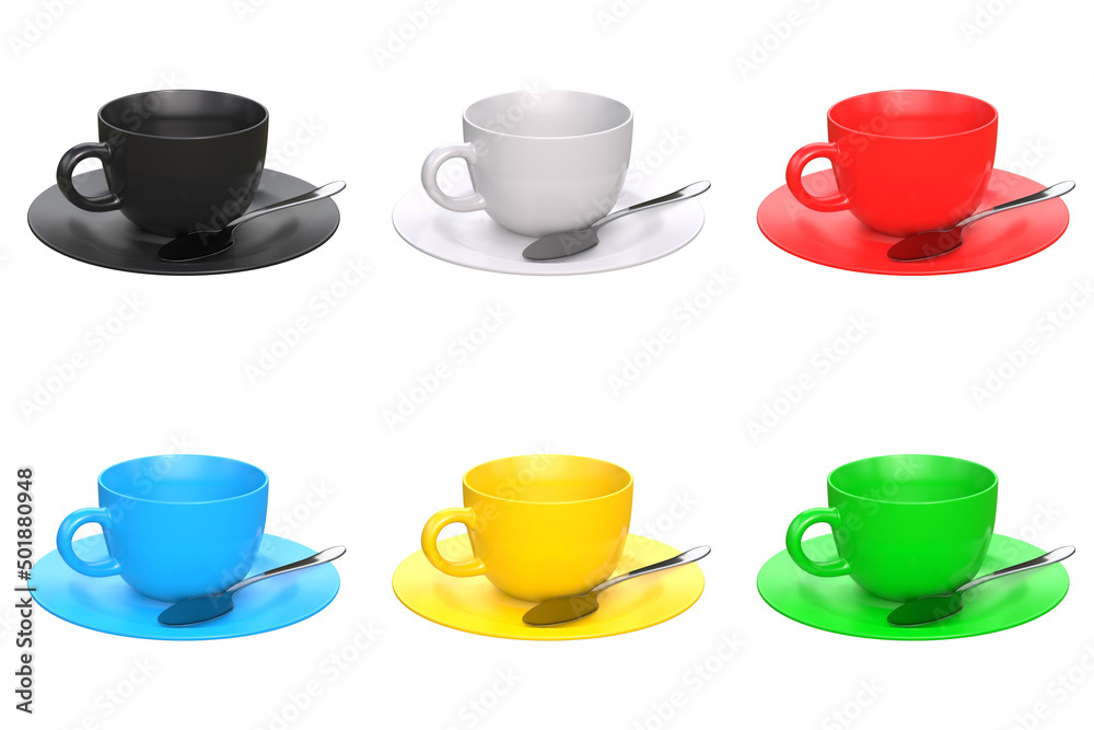Set of multi-colored coffee cups with a saucer and a spoon isolated on a white background. 3d rendering 3d illustration Set of multi-colored coffee cups with a saucer and a spoon isolated on a white background. 3d rendering 3d illustration