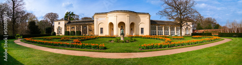 panorama of tulip garden in english country house