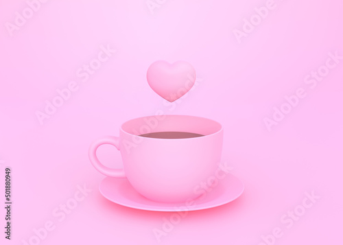 Sweet Heart floating on the pink coffee cup with pastel pink background. Minimal concept. 3D rendering, 3D illustration