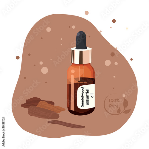 Sandalwood oil in glass bottle, wooden stick	