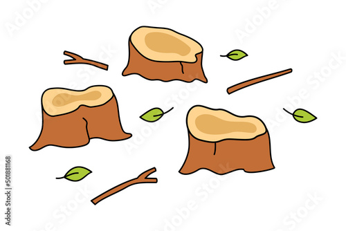 Deforestation concept cartoon style. Trees cut down color line icon. Environmental damage. Stumps with branches and leaves. Wood devastation. Natural disaster. Vector illustration, flat, clip art. 