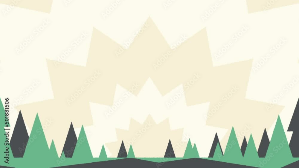 Dynamic forest intro animation. Geometric design animated video. Green pine trees and sun in the mountains graphics template.