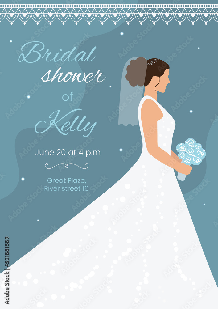 Bridal shower invitation card. Bride in wedding dress with bouquet of flowers on blue pastel background. Invite template. Marriage concept. Vector illustration Bridal shower invitation card. Bride in wedding dress with bouquet of flowers on blue pastel background. Invite template. Marriage concept. Vector illustration