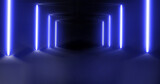 background in which two neon rods of blue colors in the corridor with reflection in the floor
