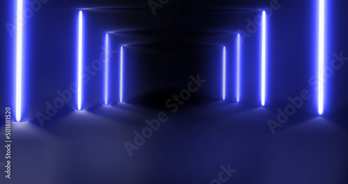 background in which two neon rods of blue colors in the corridor with reflection in the floor
