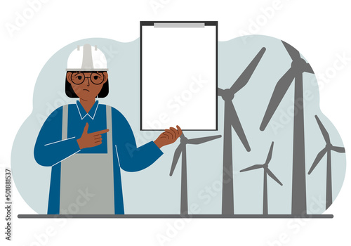 Technician engineer woman, energy wind farm. The concept of clean alternative energy. Environmental protection, ecology protection.