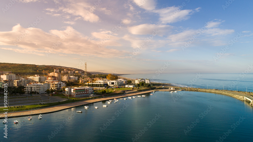 High quality city and beach view taken by drone from Atakum district of Kurupelit Yat Limanı Samsun. 
