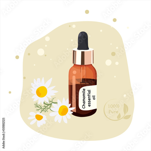 Glass bottle with chamomile essential oil and fresh flowers	