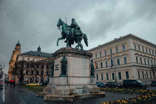 Monument to ludwig the first in Munich. Beautiful german and european street in rainy spring