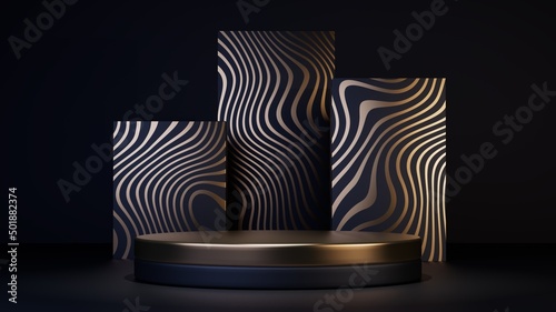 Abstract Realistic 3d render. Podium Black Gold Art deco style. Dark Glamorous shiny lux stand for product presentation. Wavy zebra golden pattern. Luxury style rendering photo