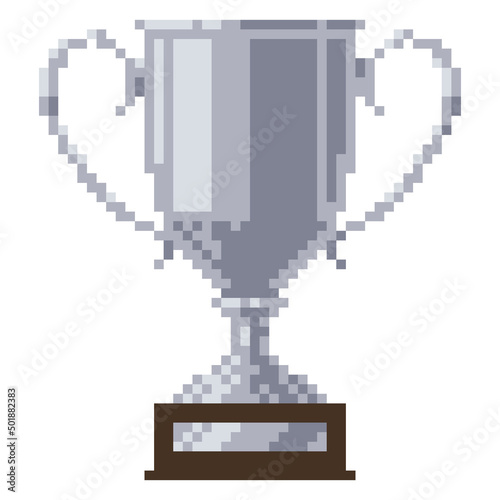 Pixel silver winner cup on a wooden stand with a nameplate. Vector illustration.