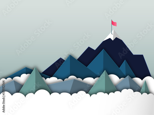 Paper cut style vector illustration of mountain peak with red flag. Concept of business success and achievement. Background illustration in blue and green.