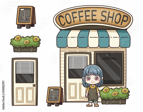 Illustrations about cute cafe shop cartoon, Barista girl and coffee shop clipart cartoon isolated on white background, For use as part of logo design, sticker and many more.