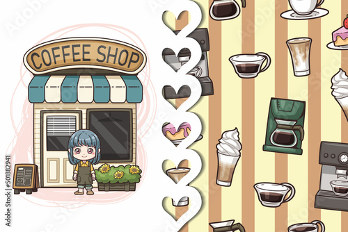 Illustrations about cute cafe shop cartoon, Coffee shop and seamless pattern cartoon, For use as part of logo design, sticker and many more.