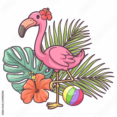 Illustrations about cute pink flamingo and tropical leaves, Illustration cartoon, Summer clipart cartoon isolated on white background, For use as part of logo design, sticker and many more.