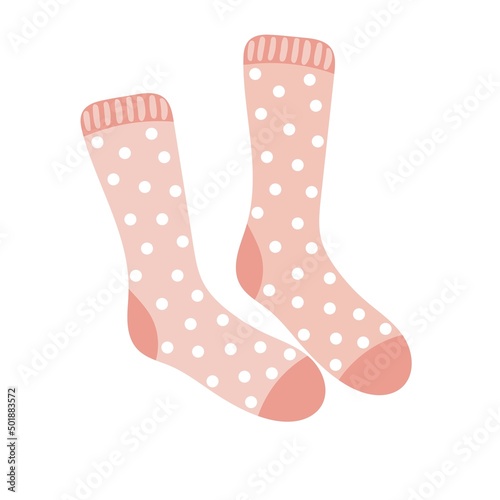 Pair of warm wool pink socks with polka dot pattern. Winter woolen feet clothes. Trendy hosiery design. Hand-drawn vector illustration isolated on white background