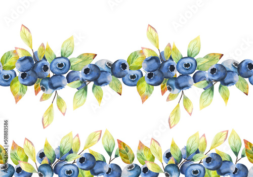 Watercolor seamless border with ripe blueberries on a twig with leaves. Seamless design for frame, line, border, etc. © Tatiana