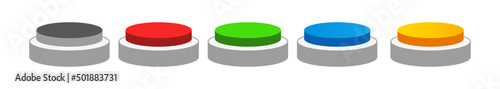3D flat circular push button icon collection set. Black, red, green, blue, and yellow colors. On off illustration vector symbol. front perspective view.