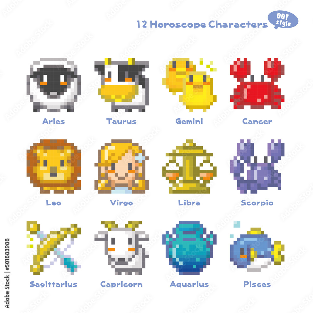 Fototapeta premium 12星座キャラクターズ ちまっとDOT絵風（英語版）