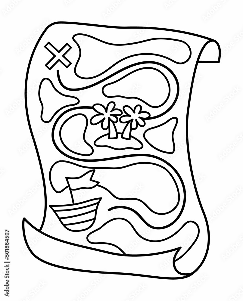 Vector black and white treasure island map icon. Outline pirate plan ...