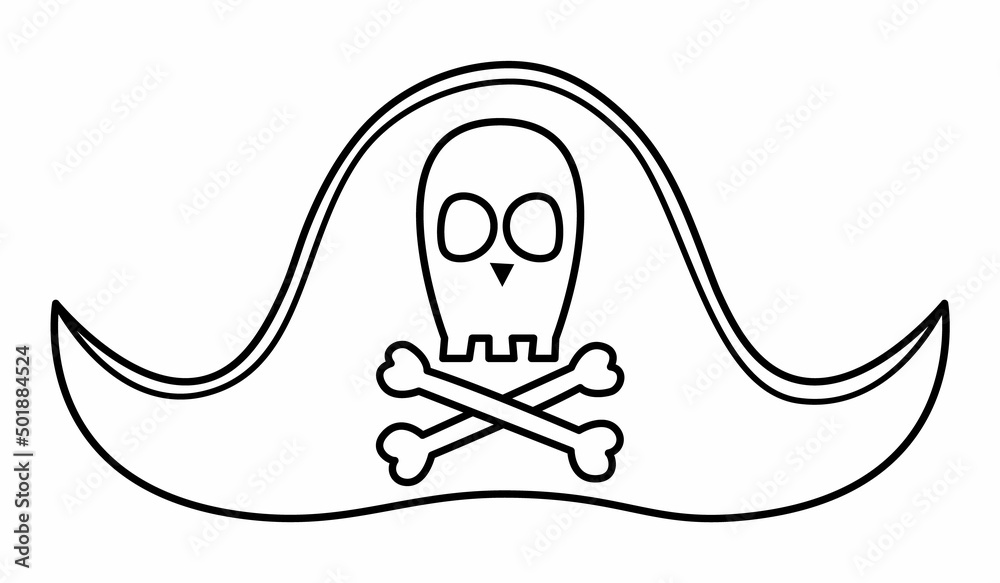 Black and white pirate hat icon. Line cocked accessory with skull and ...