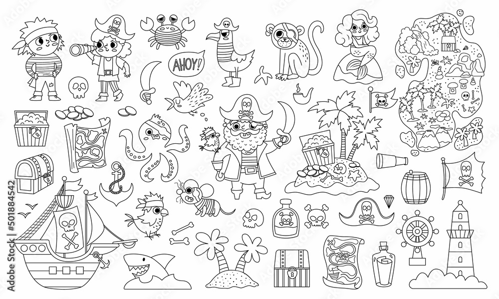 Vector black and white pirate set. Cute line sea adventures icons collection. Treasure island illustrations with ship, captain, sailors, chest, map, parrot, monkey. Pirate party coloring page
