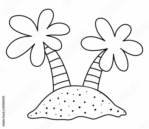 Vector black and white tropical island icon. Cute sea line isle with sand and palm trees illustration. Treasure island outline picture. Funny pirate party element or coloring page for kids.
