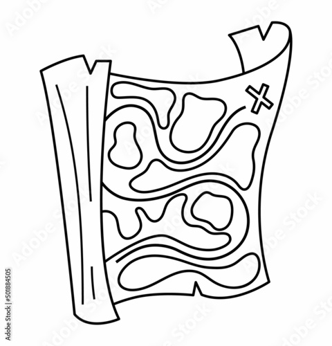 Vector black and white treasure island map icon. Outline pirate plan illustration. Line jewel hunt guide or coloring page. Old sea route paper isolated on white background..