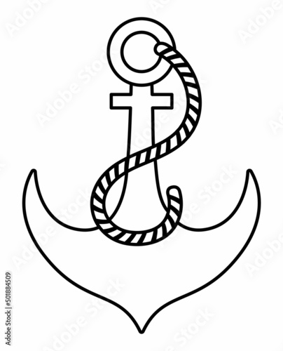 Ship black and white anchor icon. Line water boat element illustration. Outline pirate vessel picture or coloring page isolated on white background. Marine concept with hard rope.