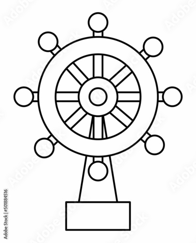 Black and white ship steering wheel icon. Water line boat helm illustration. Outline pirate vessel hand wheel picture isolated on white background. Marine element or coloring page concept.