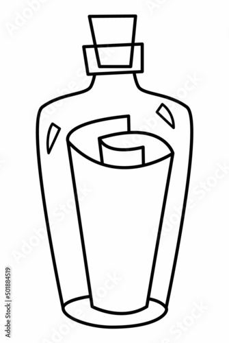 Vector black and white bottle with paper icon. Secret line pirate letter in glass container illustration. Outline marine treasure hunt picture or coloring page isolated on white background.