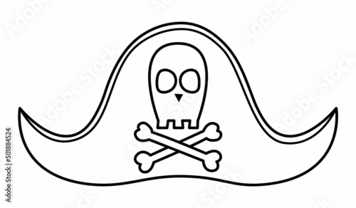 Black and white pirate hat icon. Line cocked accessory with skull and crossed bones. Outline marine treasure hunt headwear or coloring page isolated on white background.