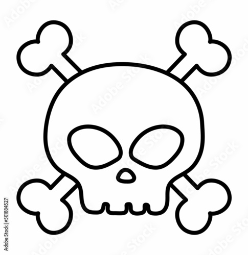 Black and white human skull and crossed bones icon. Vector line skeleton coloring page.  Scary outline design for Halloween party. Pirate illustration. All saints day element.