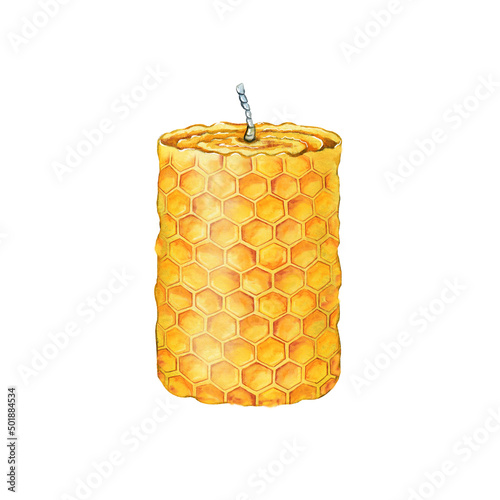 Wax honey candle. Hand drawn watercolor illustration isolated on white background