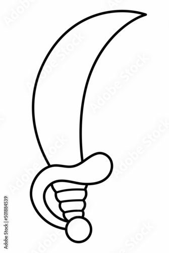 Black and white saber icon. Outline pirate sword illustration.  Old line sabre picture. Marine treasure hunt element isolated on white background. Weapon or cold steel picture or coloring page.