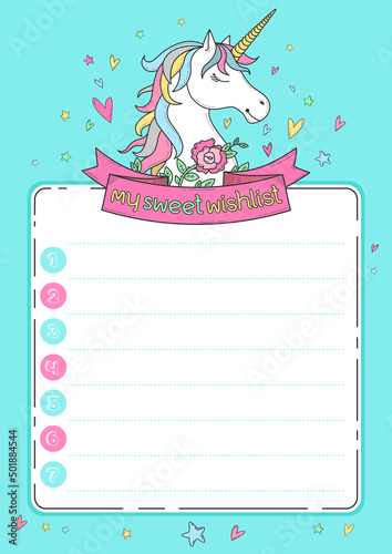 Cute wishlist card with unicorn, ribbon, flowers, hearts, stars on mint green olor background. Christmas or Birthday organizer. Cartoon character. Doodle vector background.