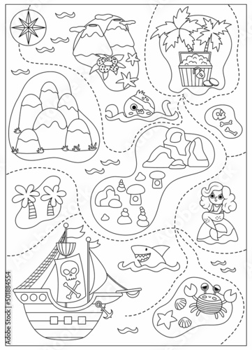 Vector black and white treasure island map with pirate ship, mermaid, octopus. Cute line tropical sea isles with sand, palm trees, volcano, rocks. Treasure island picture or coloring page.