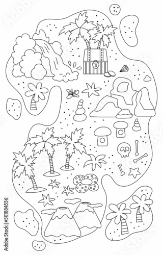Vector black and white tropical island icon. Cute sea isle with sand, palm trees, volcano, rocks, waterfall illustration. Outline treasure island picture with chest, coins. Pirate party coloring page.