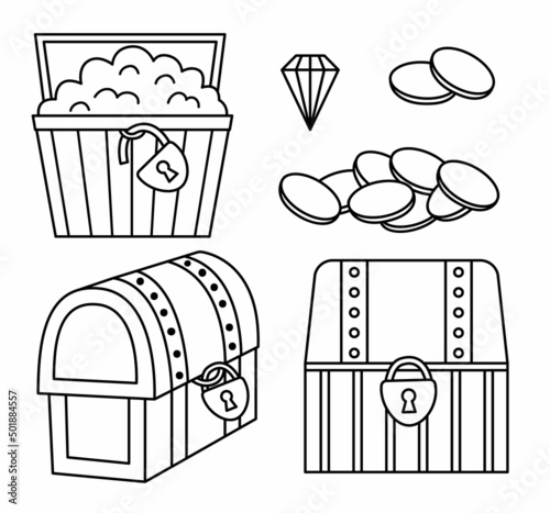 Treasure black and white chest icon set. Pirate line wooden coffers collection. Treasure island outline element or coloring page. Old wood box picture with jewelry, lock, gem, coins.