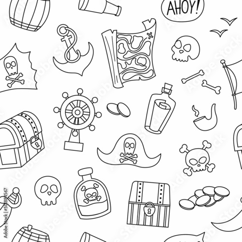 Vector black and white pirate seamless pattern. Cute sea adventures symbols repeat background. Line treasure island digital paper with chest, pirate hat, crossbones. Pirate party coloring page.