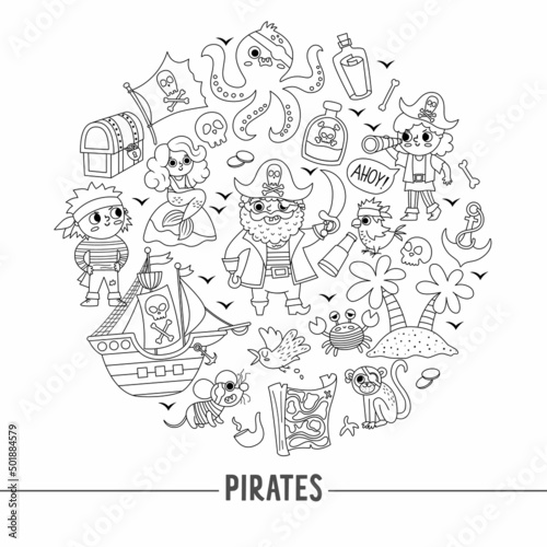 Vector black and white pirate round frame with pirates  ship and animals. Line treasure island card template or marine party design. Cute sea adventures illustration or coloring page.