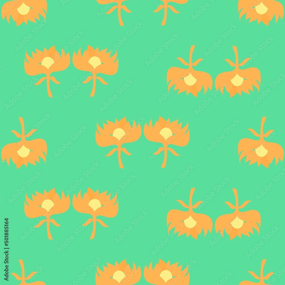 Minimalistic graphic retro 60s style orange flowers vector repeat pattern on a green background Minimalistic graphic retro 60s style orange flowers vector repeat pattern on a green background