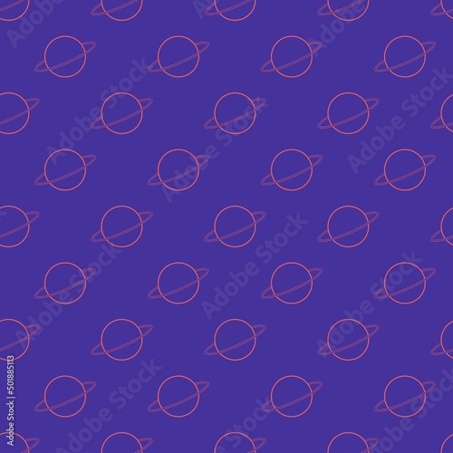Outline Planet with halo. Uranus or Saturn. Thin Line Stroke. Minimalistic abstract simple design. Space and science trendy illustration. Square seamless Pattern. Bright background, wallpaper