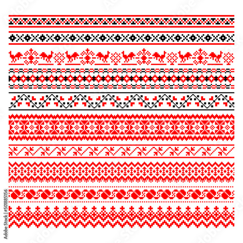 Set of Pixelized pattern Vyshyvanka Traditional Ukrainian Seamless Pattern slavic ornament