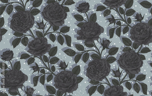 Black roses on a gray background. Gothic floral pattern. Floral background.