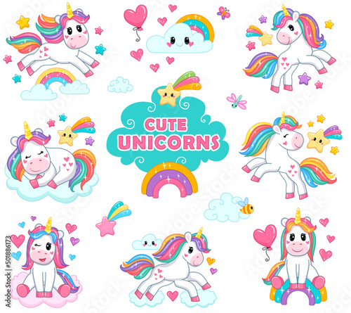 colorful set of cute unicorns in different poses. stickers for kids in cartoon style. vector illustration