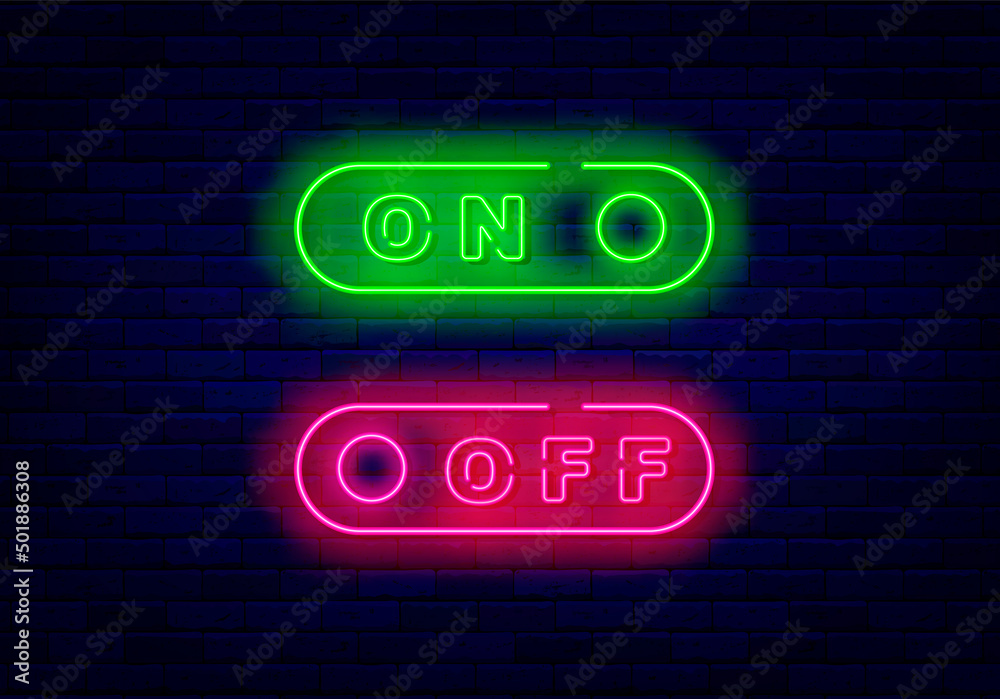 On off switch neon icons. User navigation element. Shiny effect banner ...