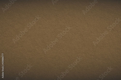 The surface of brown cardboard. Paper texture with cellulose fibers. Paperboard wallpaper. Textured middle-ground pasteboard background with vignetting. Elegant and simplistic tint. Macro