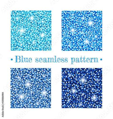 Blue seamless patterns. Blue glitter. A set of different blue shades. Shiny seamless shimmering sequins pattern.