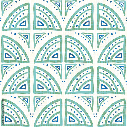 Batik paint style scallop damask pattern. Naive doodle dome shapes in folk azulejo style on watercolor canvas texture.c Cloth print effect blended design. Blue, teal, white geometric all over print.